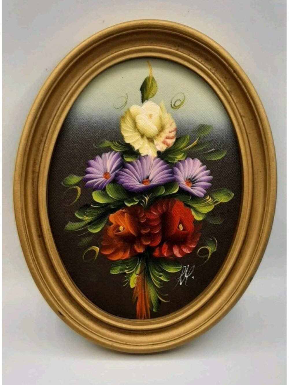 Vtg Oil Painting on Board Hand Painted Floral Bouquet Framed Signed 8.5 x 10.5